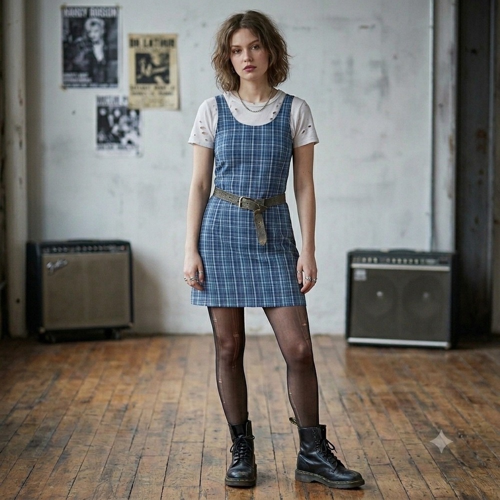 Womens 90s Style Plaid Shift Dress S Blue Teal Sleeveless Preppy Grunge Academic